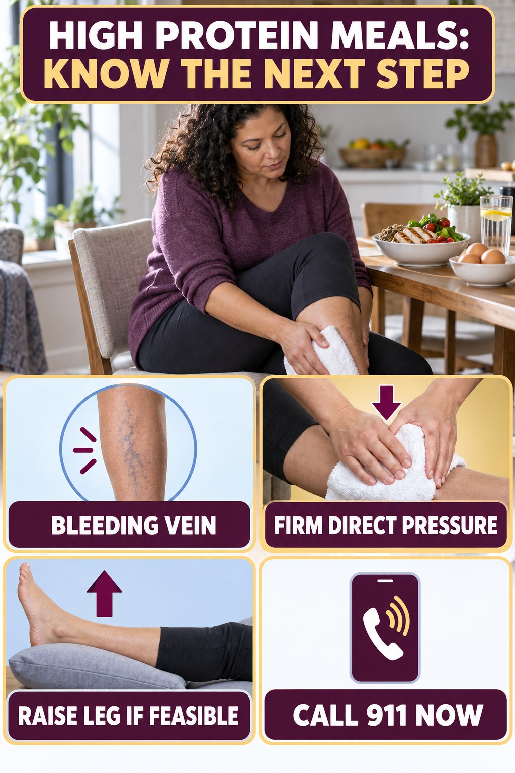 Bleeding Vein Emergency infographic for High Protein Meals, explaining vein-health warning signs and the appropriate next action without diagnosing a condition.