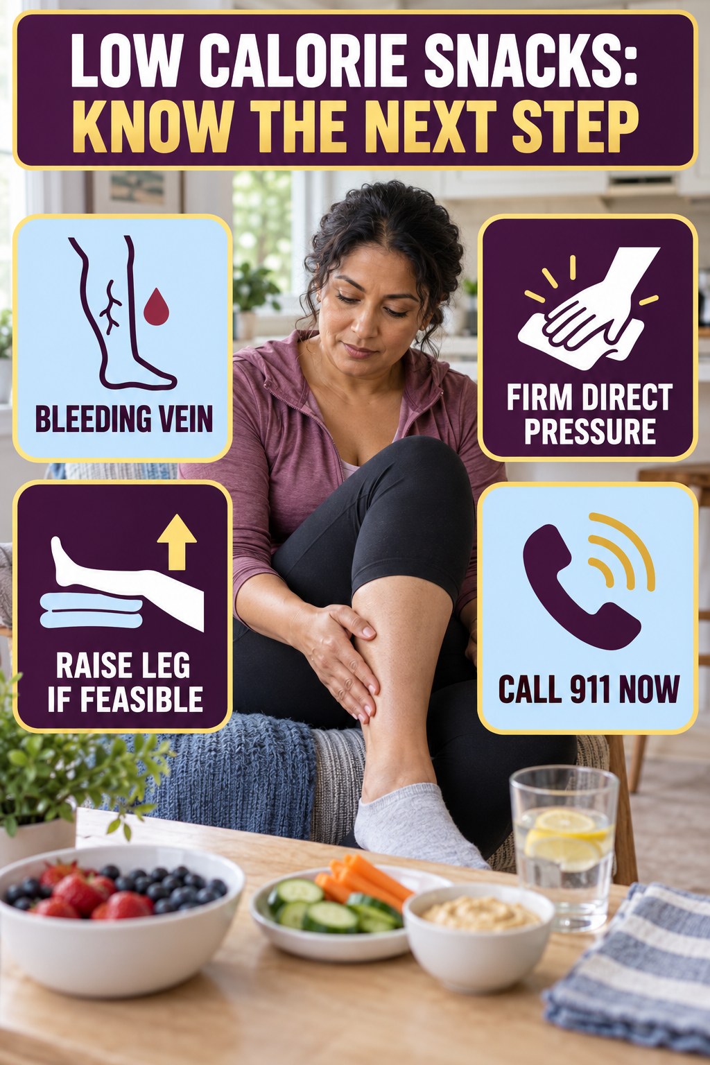 Bleeding Vein Emergency infographic for Low Calorie Snacks, explaining vein-health warning signs and the appropriate next action without diagnosing a condition.