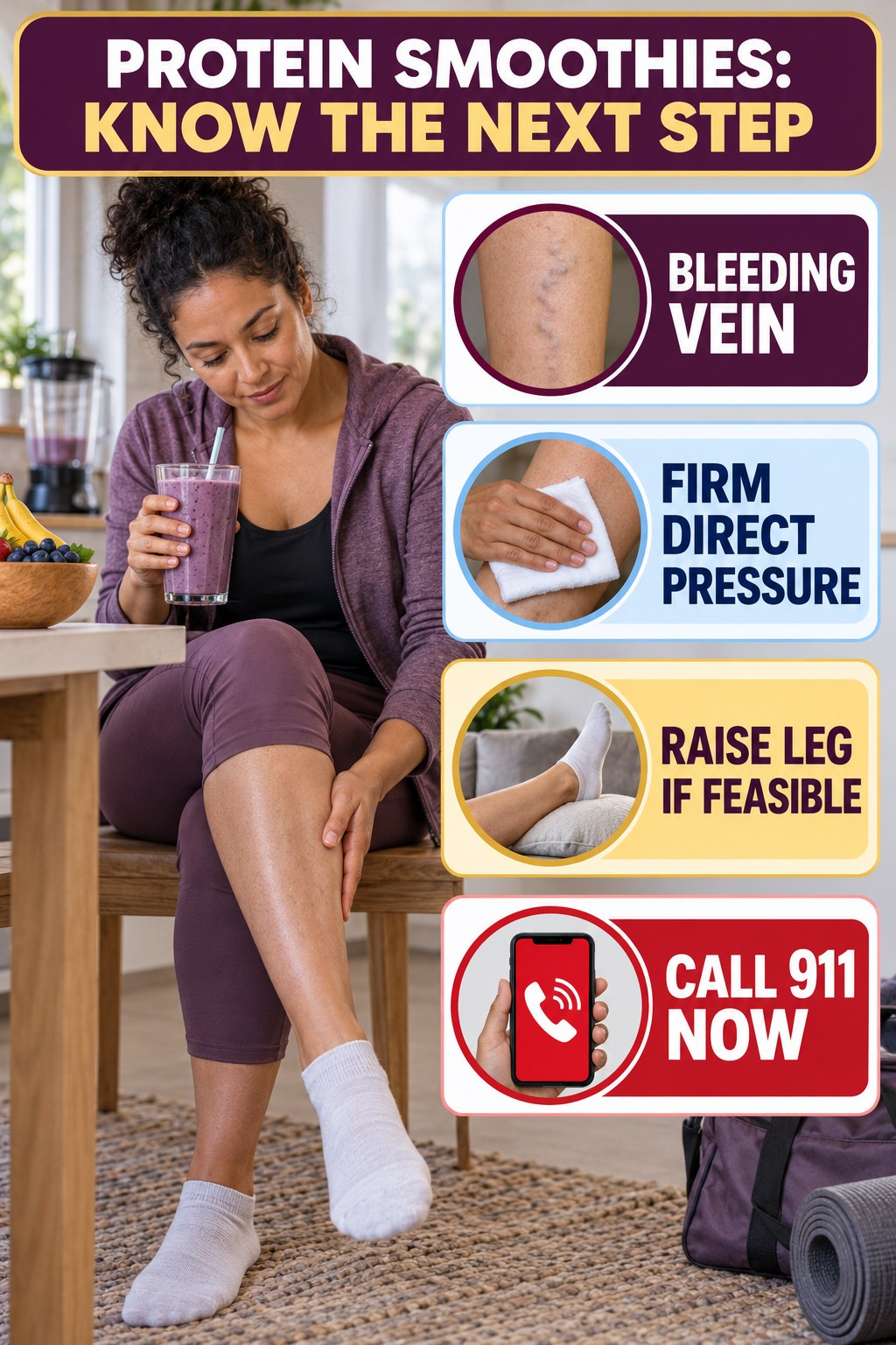 Bleeding Vein Emergency infographic for Protein Smoothies, explaining vein-health warning signs and the appropriate next action without diagnosing a condition.