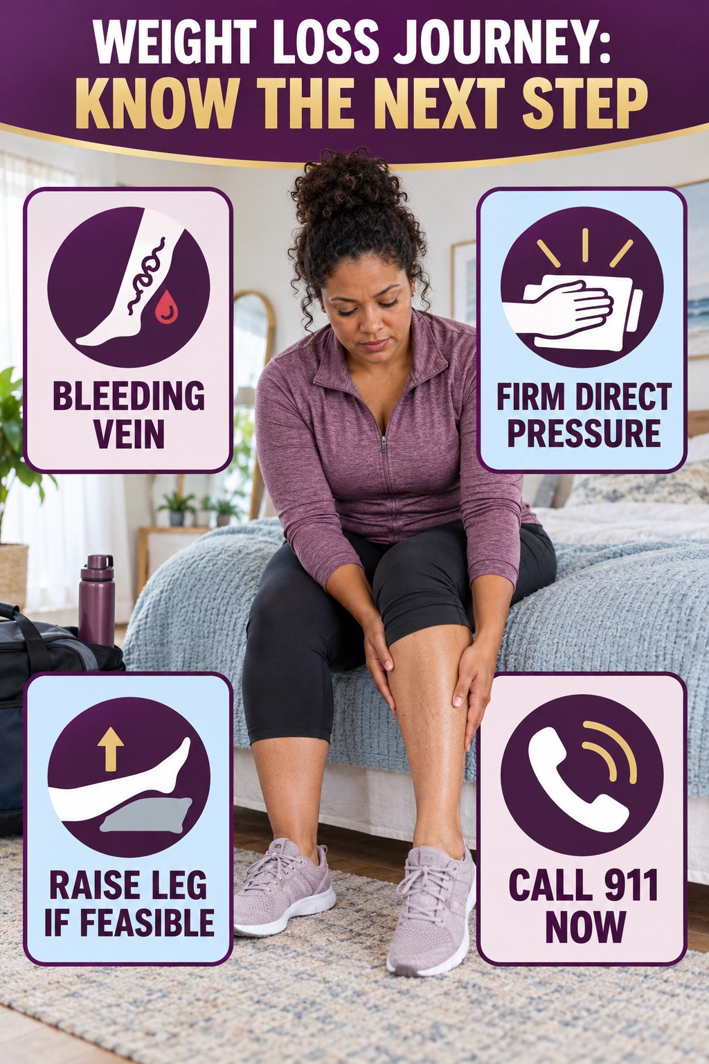 Bleeding Vein Emergency infographic for Weight Loss Journey, explaining vein-health warning signs and the appropriate next action without diagnosing a condition.