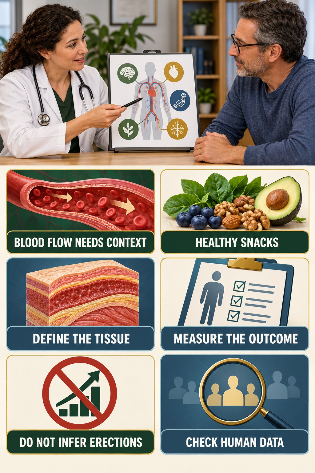 Blood Flow Language Needs a Measured Endpoint evidence-literacy infographic for Healthy Snacks with four concise claim-evaluation checks.