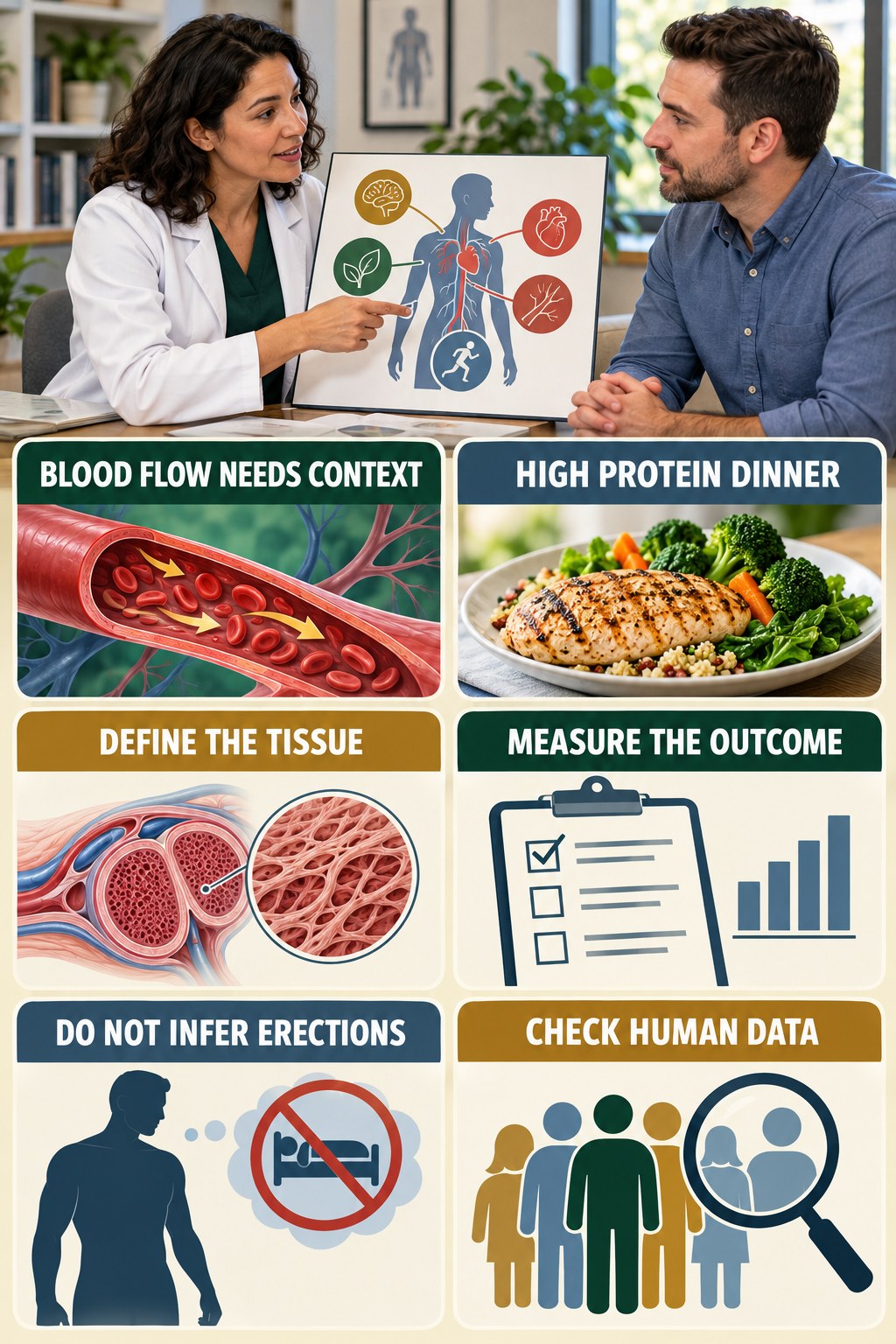 Blood Flow Language Needs a Measured Endpoint evidence-literacy infographic for High Protein Dinner with four concise claim-evaluation checks.