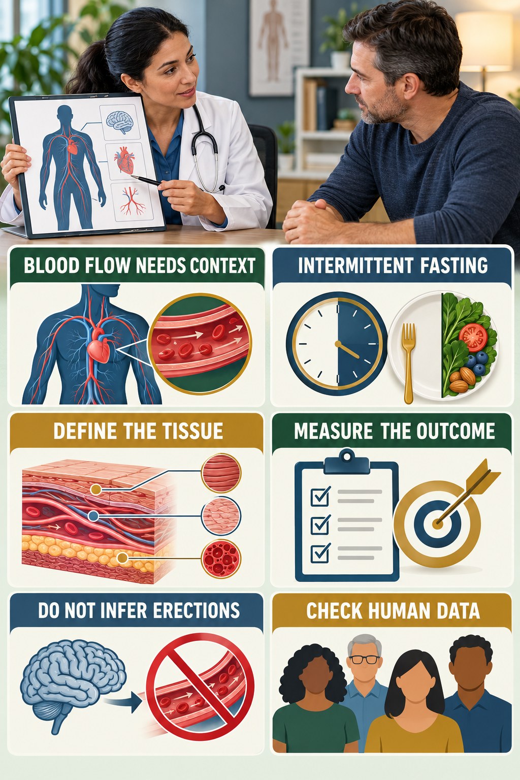 Blood Flow Language Needs a Measured Endpoint evidence-literacy infographic for Intermittent Fasting with four concise claim-evaluation checks.