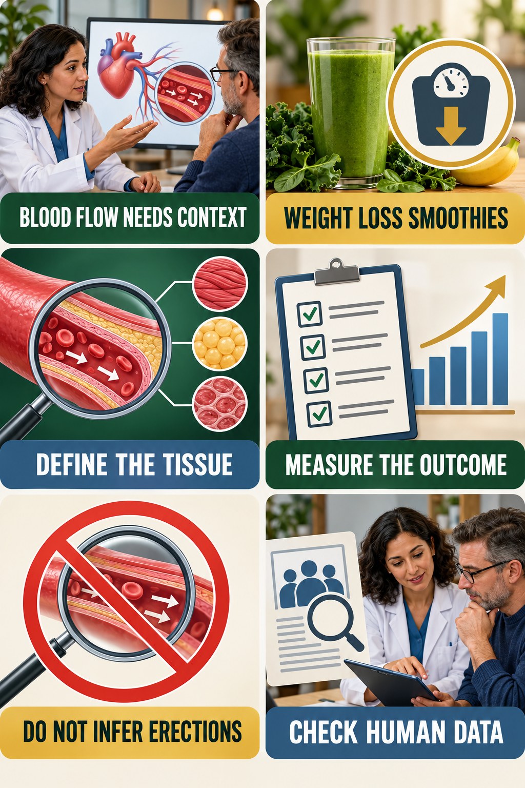 Blood Flow Language Needs a Measured Endpoint evidence-literacy infographic for Weight Loss Smoothies with four concise claim-evaluation checks.