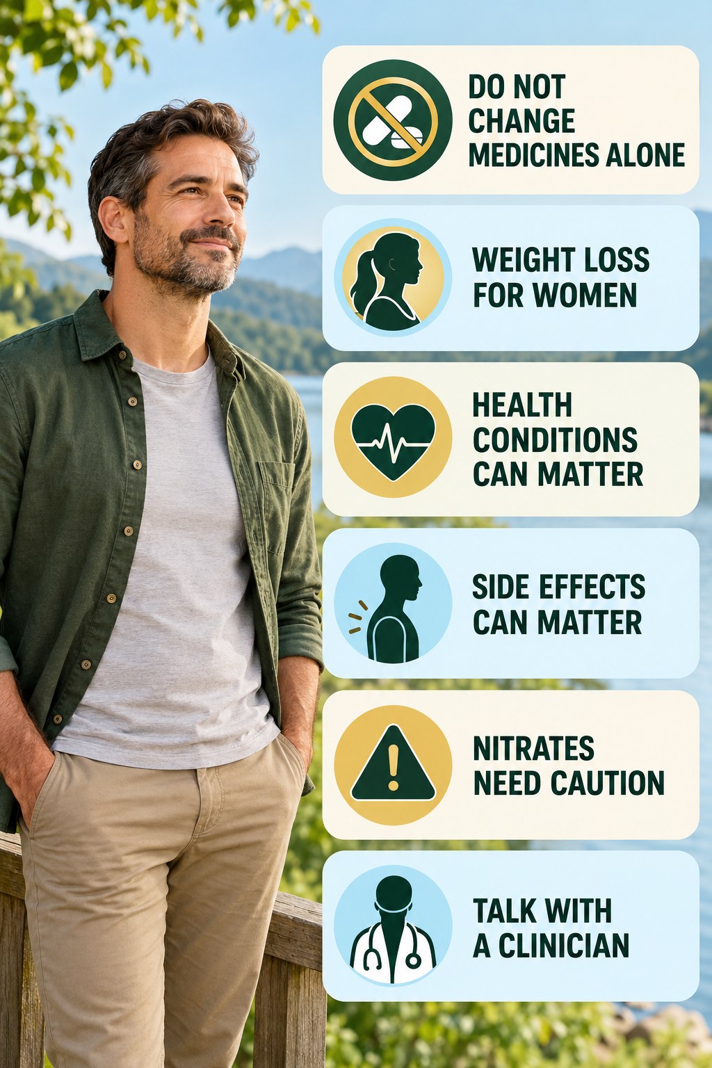 Blood Pressure and ED Need Careful Medication Context infographic for Weight Loss for Women with four concise, non-shaming sexual-health education points.