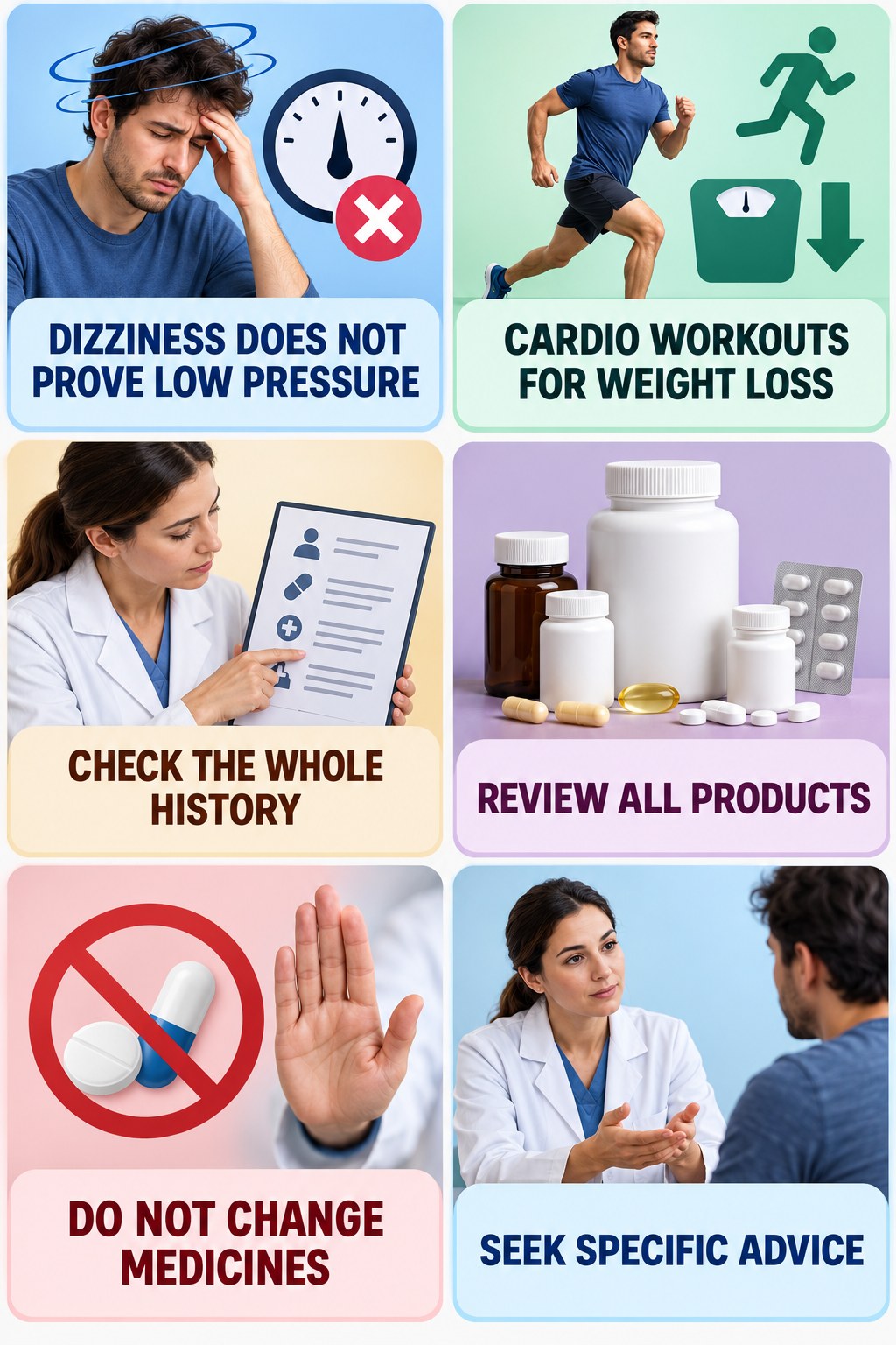 Blood-Pressure Symptoms Need Clinical Context supplement-interaction safety infographic for Cardio Workouts for Weight Loss with four concise review points.