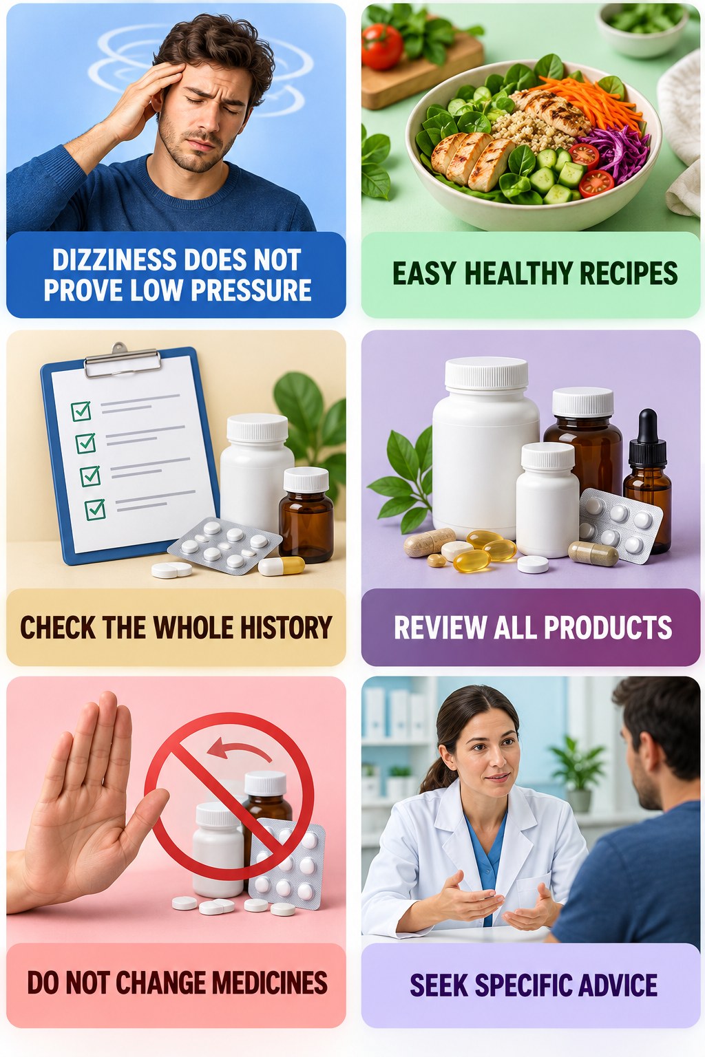 Blood-Pressure Symptoms Need Clinical Context supplement-interaction safety infographic for Easy Healthy Recipes with four concise review points.