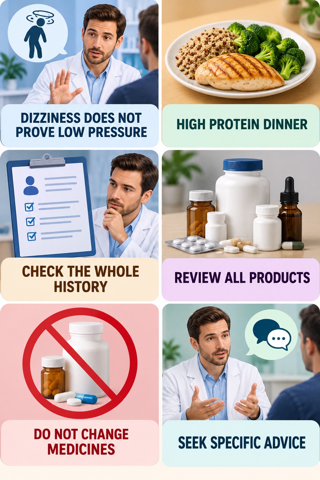 Blood-Pressure Symptoms Need Clinical Context supplement-interaction safety infographic for High Protein Dinner with four concise review points.
