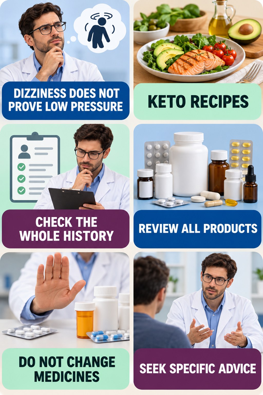 Blood-Pressure Symptoms Need Clinical Context supplement-interaction safety infographic for Keto Recipes with four concise review points.