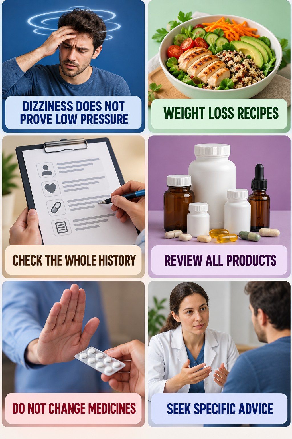 Blood-Pressure Symptoms Need Clinical Context supplement-interaction safety infographic for Weight Loss Recipes with four concise review points.