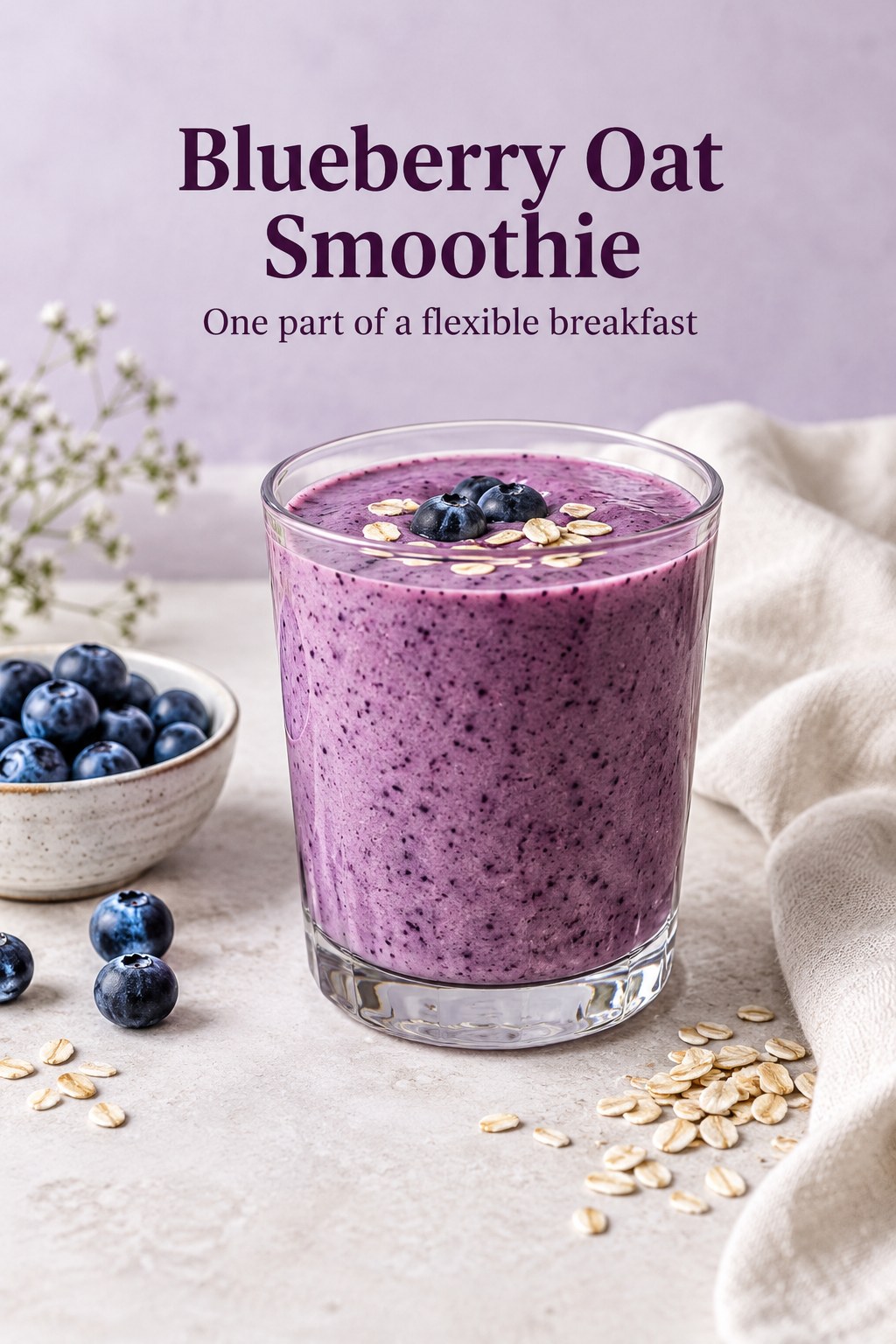 Purple blueberry oat smoothie with blueberries and rolled oats nearby.