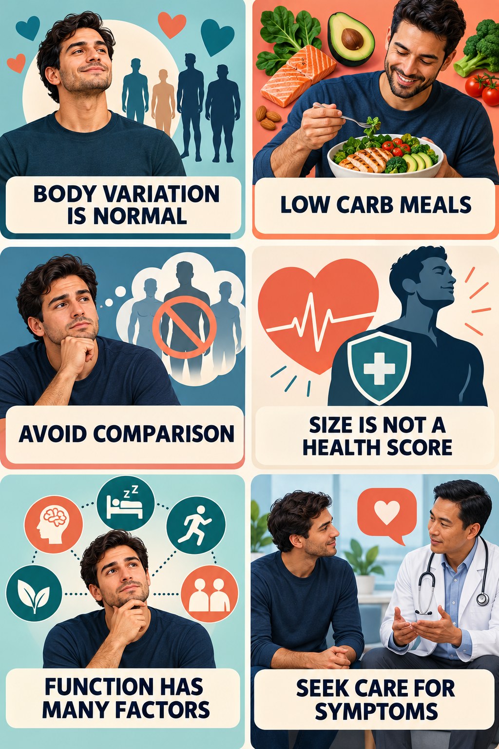 Body Image Should Not Set a Health Diagnosis infographic for Low Carb Meals with four concise, non-shaming sexual-health education points.