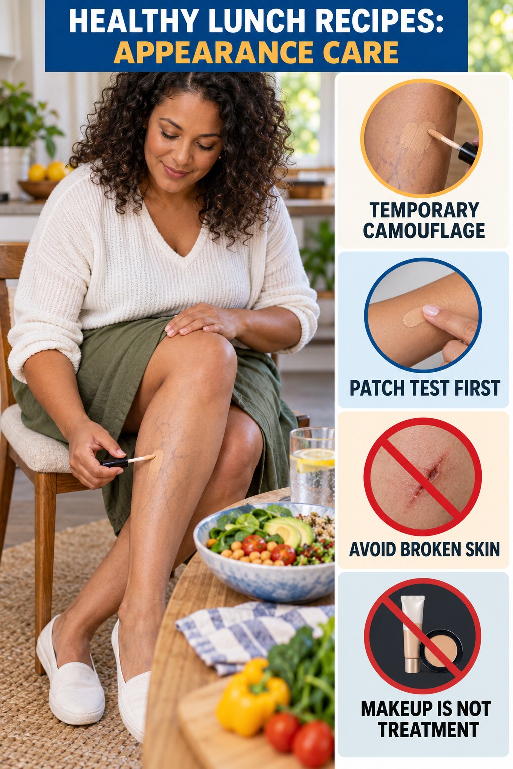 Body Makeup Camouflage infographic for Healthy Lunch Recipes, showing body-neutral visible-leg-vein appearance care and the boundary between temporary cosmetic support and treatment.