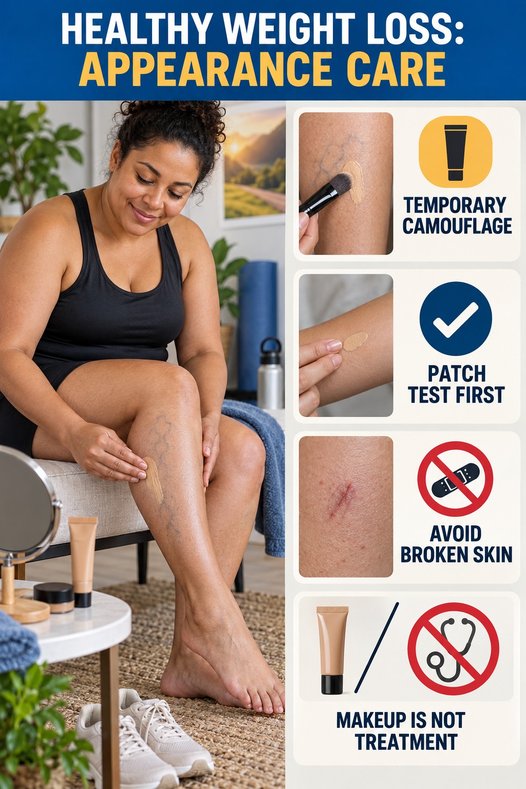 Body Makeup Camouflage infographic for Healthy Weight Loss, showing body-neutral visible-leg-vein appearance care and the boundary between temporary cosmetic support and treatment.