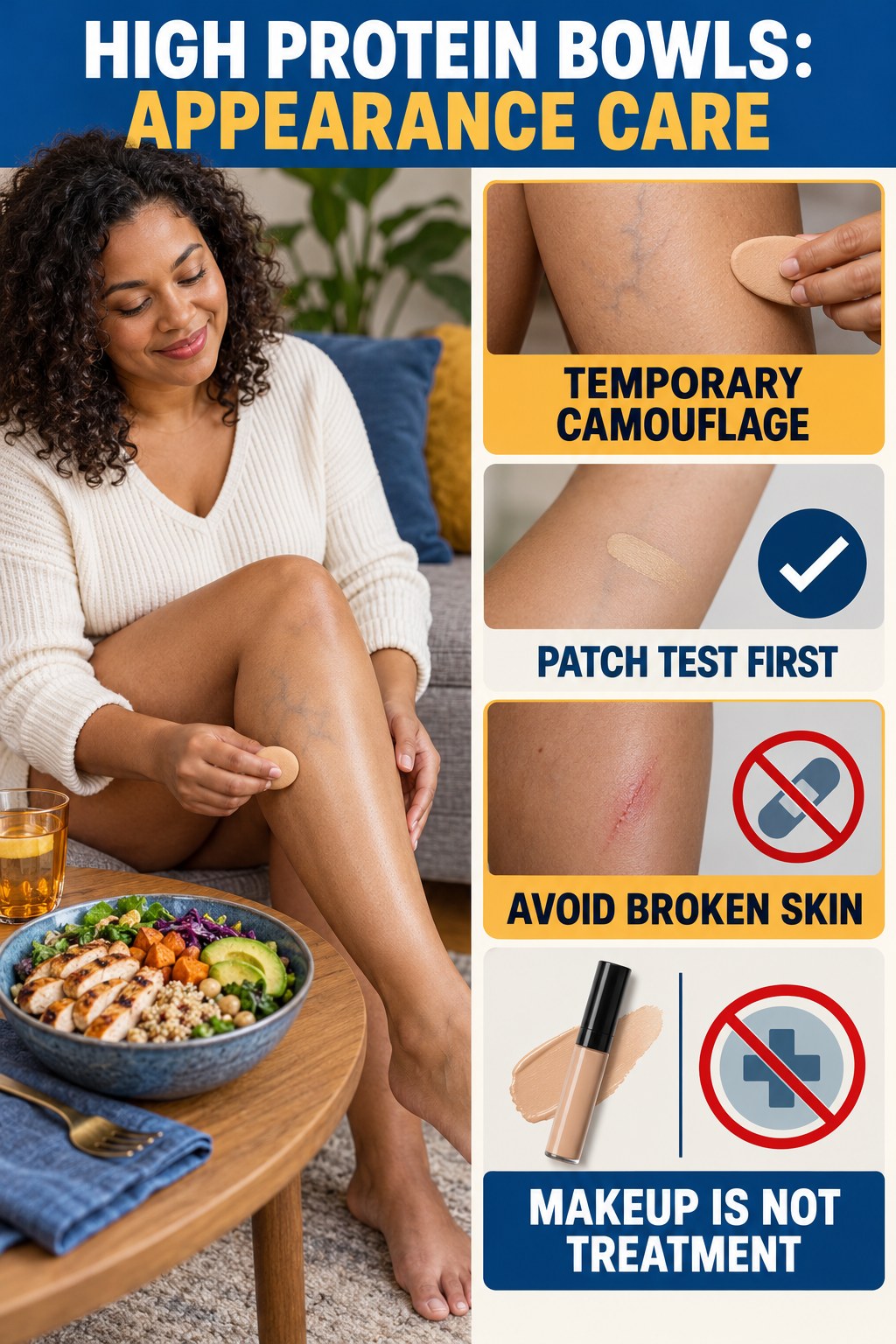 Body Makeup Camouflage infographic for High Protein Bowls, showing body-neutral visible-leg-vein appearance care and the boundary between temporary cosmetic support and treatment.