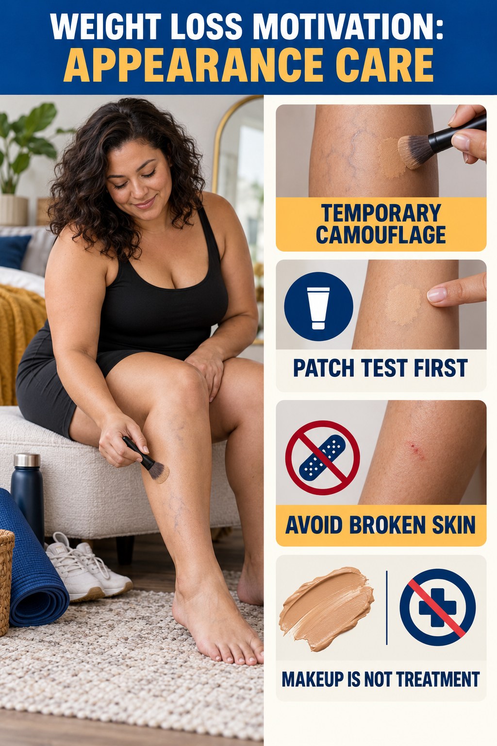 Body Makeup Camouflage infographic for Weight Loss Motivation, showing body-neutral visible-leg-vein appearance care and the boundary between temporary cosmetic support and treatment.