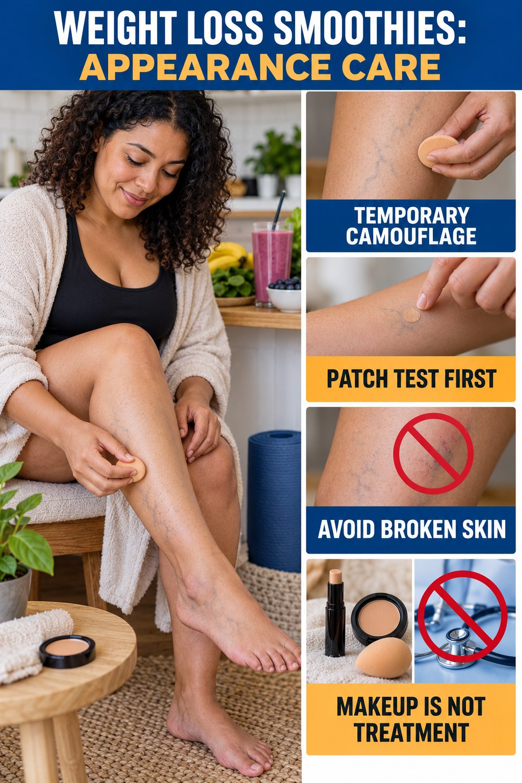Body Makeup Camouflage infographic for Weight Loss Smoothies, showing body-neutral visible-leg-vein appearance care and the boundary between temporary cosmetic support and treatment.