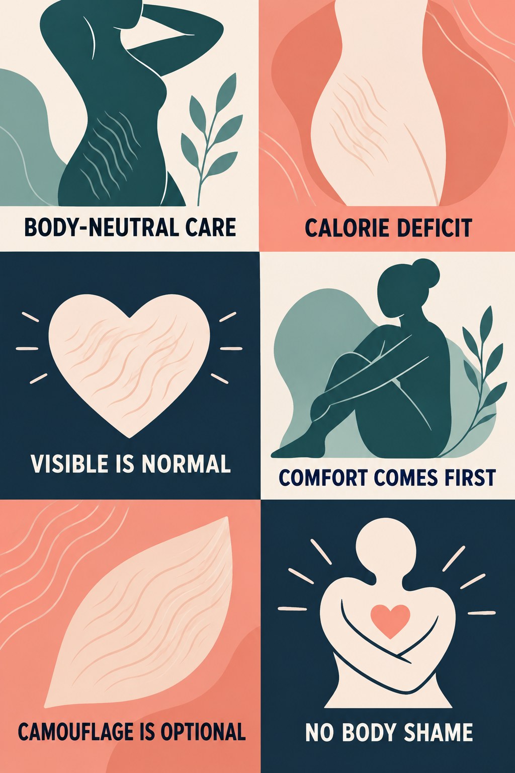 Body-Neutral Appearance Care infographic for Calorie Deficit with four concise, body-neutral stretch-mark skincare points.