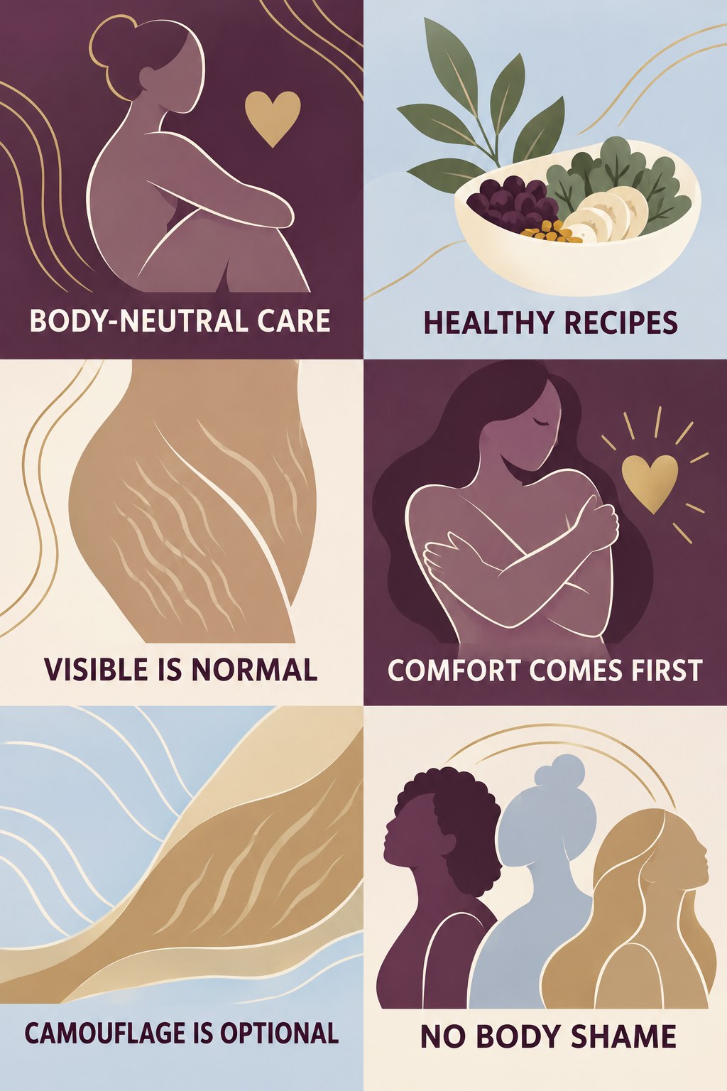 Body-Neutral Appearance Care infographic for Healthy Recipes with four concise, body-neutral stretch-mark skincare points.