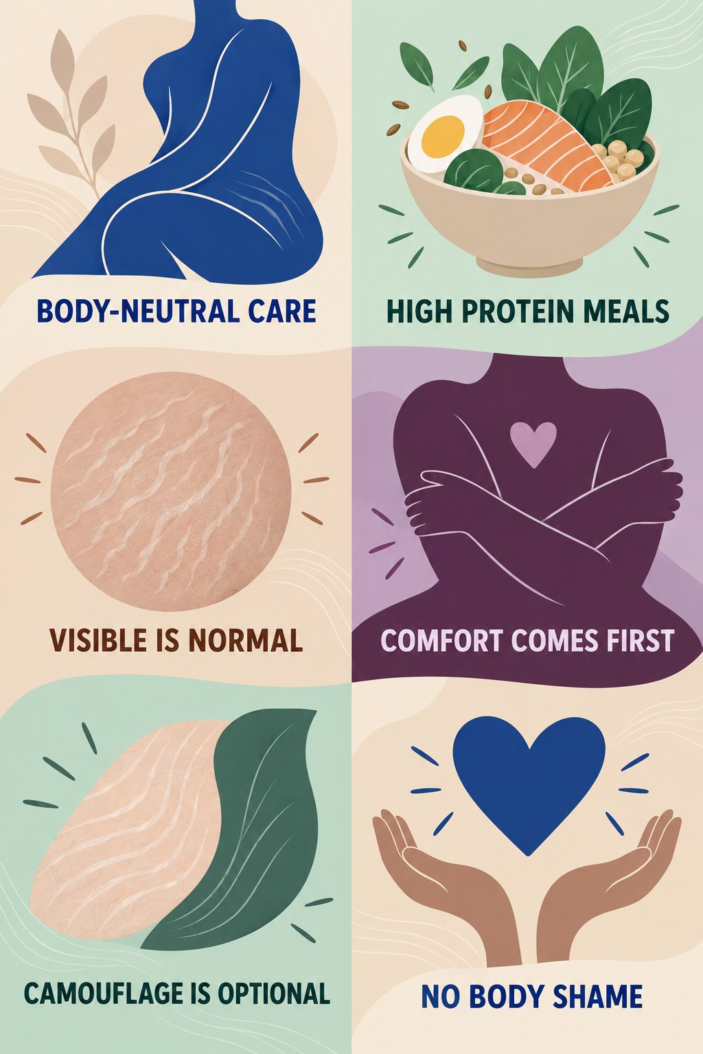 Body-Neutral Appearance Care infographic for High Protein Meals with four concise, body-neutral stretch-mark skincare points.