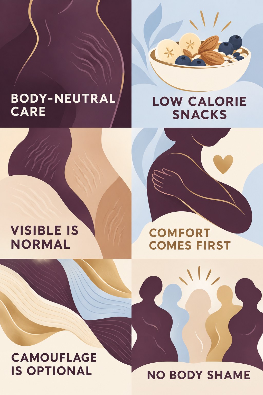 Body-Neutral Appearance Care infographic for Low Calorie Snacks with four concise, body-neutral stretch-mark skincare points.