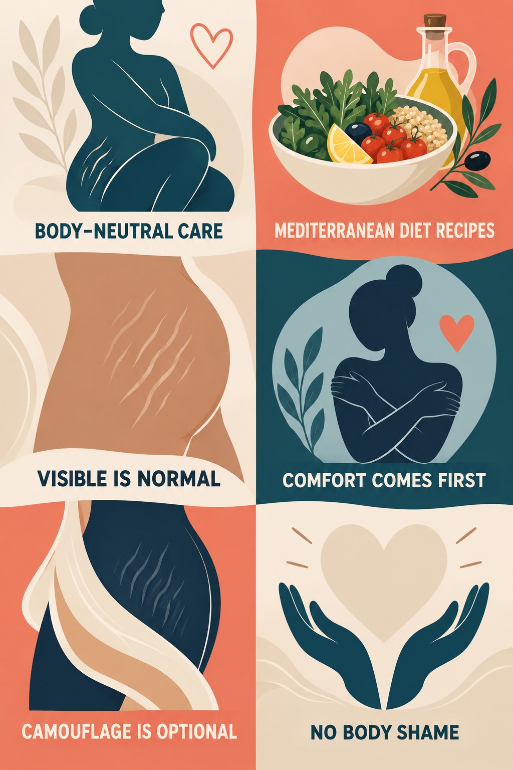 Body-Neutral Appearance Care infographic for Mediterranean Diet Recipes with four concise, body-neutral stretch-mark skincare points.