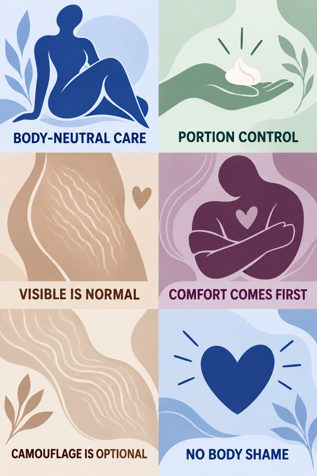 Body-Neutral Appearance Care infographic for Portion Control with four concise, body-neutral stretch-mark skincare points.