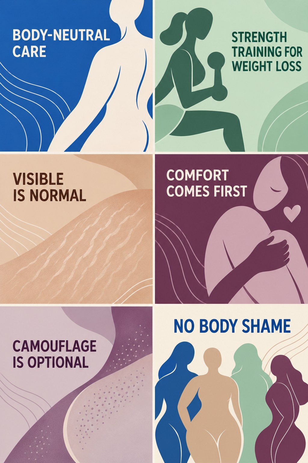 Body-Neutral Appearance Care infographic for Strength Training for Weight Loss with four concise, body-neutral stretch-mark skincare points.