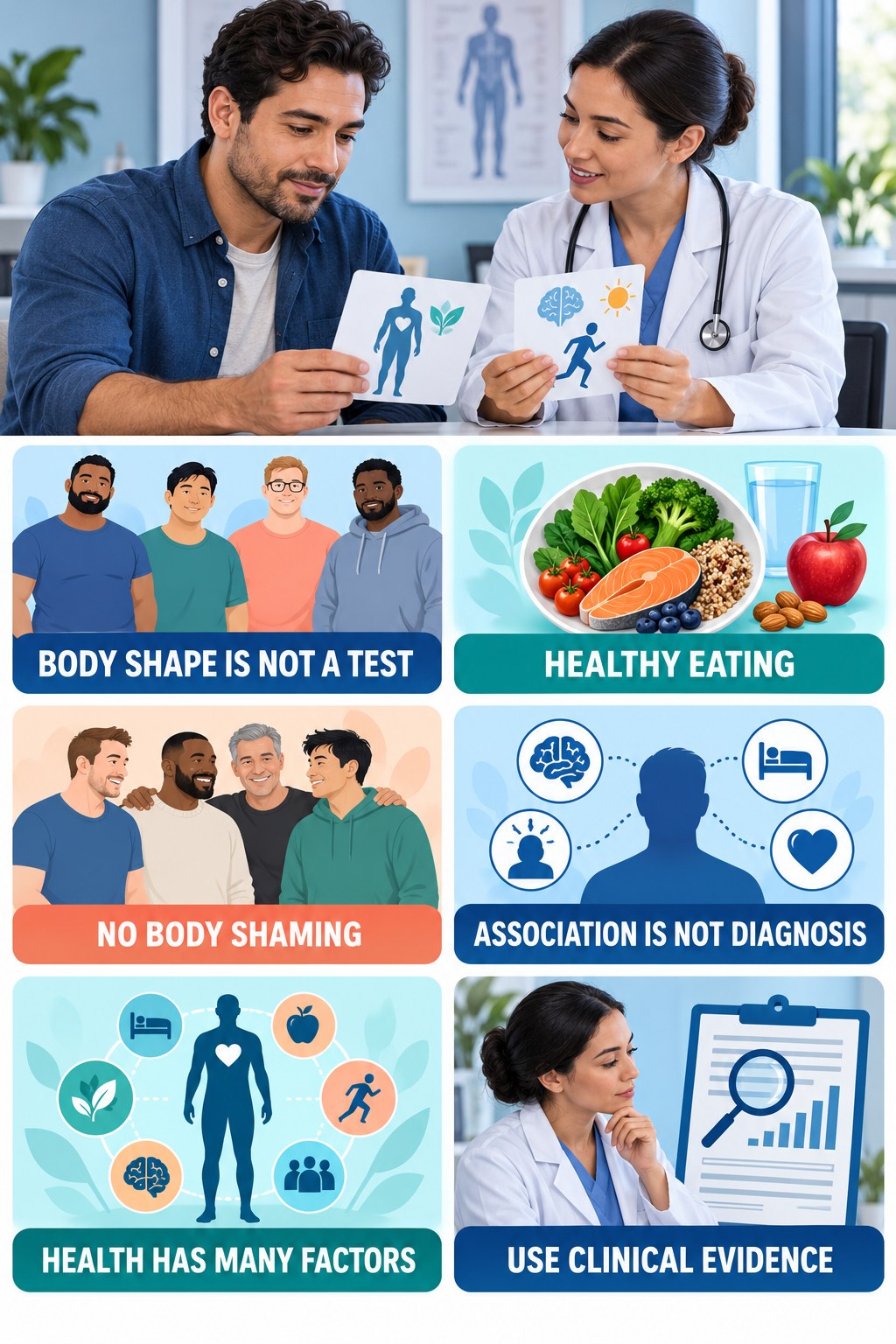 Body Shape Is Not a Hormone Test testosterone-health-awareness infographic for Healthy Eating with four concise educational checks.