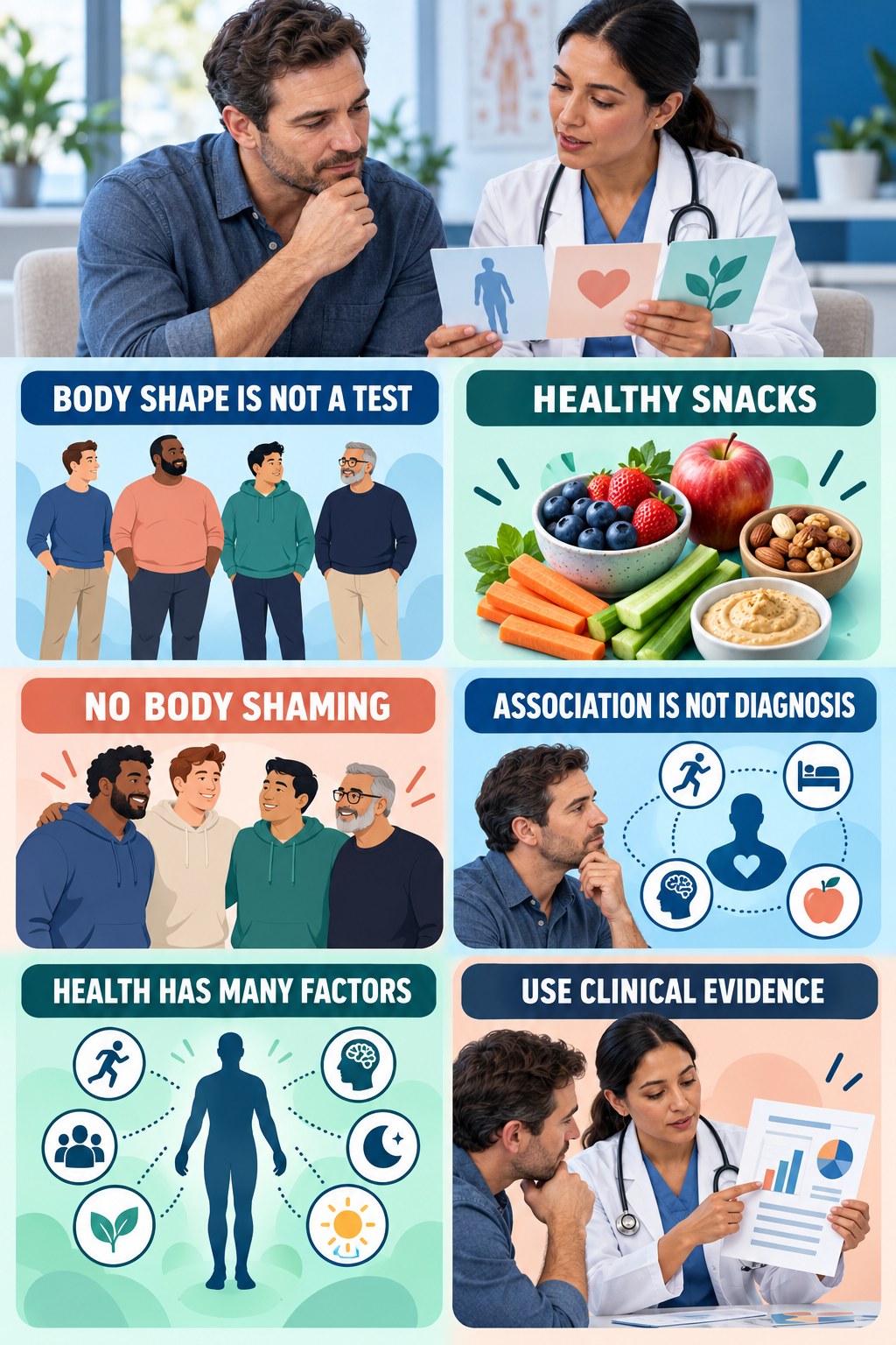 Body Shape Is Not a Hormone Test testosterone-health-awareness infographic for Healthy Snacks with four concise educational checks.