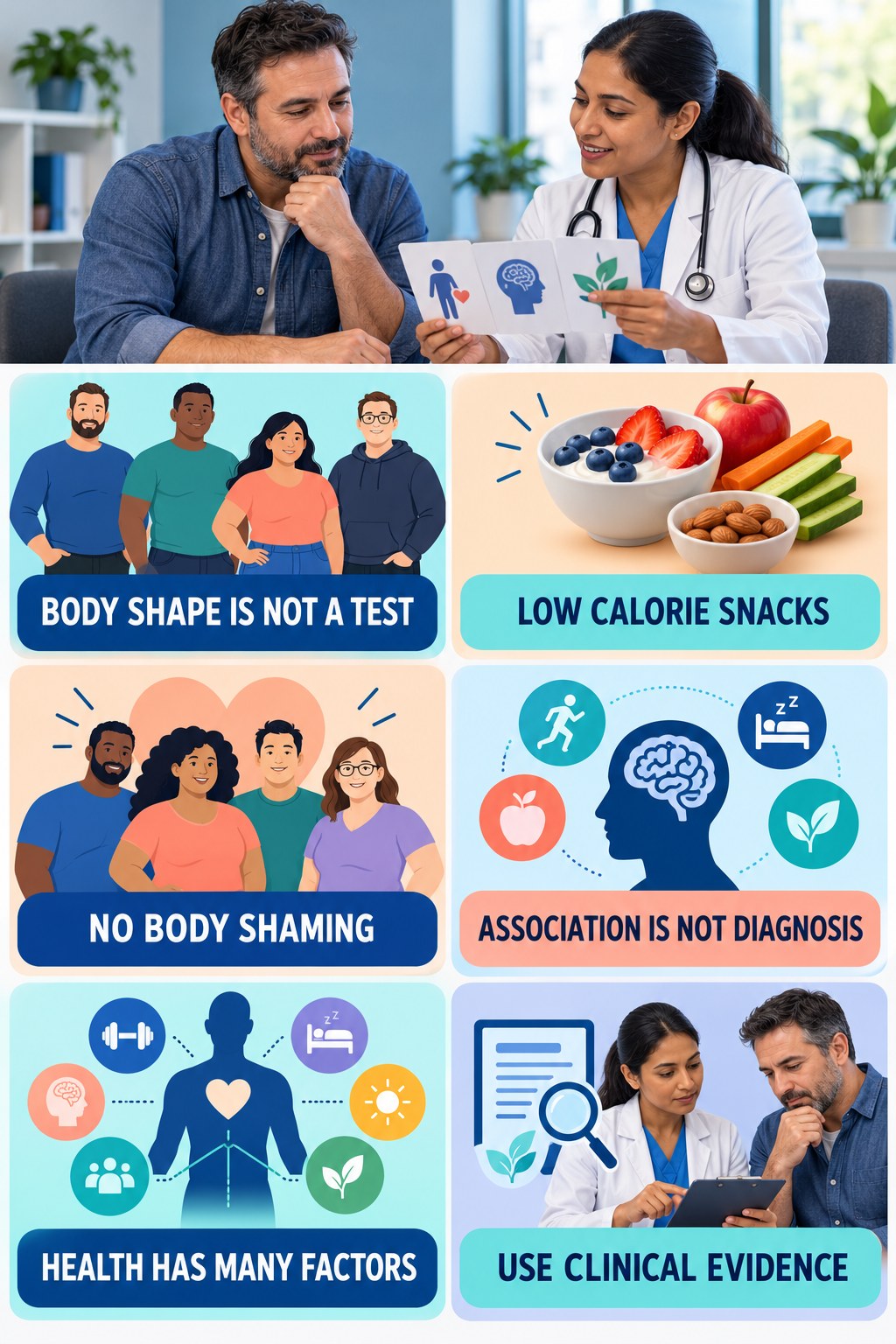Body Shape Is Not a Hormone Test testosterone-health-awareness infographic for Low Calorie Snacks with four concise educational checks.