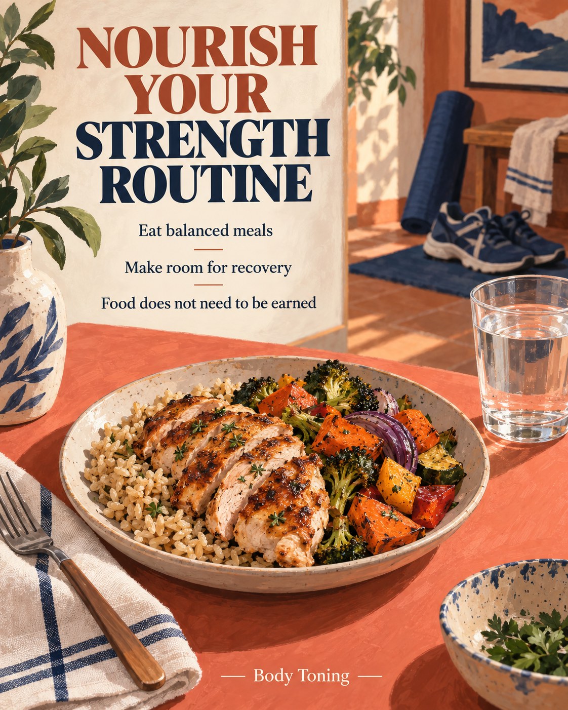 A balanced rice, chicken and vegetable meal with training shoes in the background and reminders about nourishment.