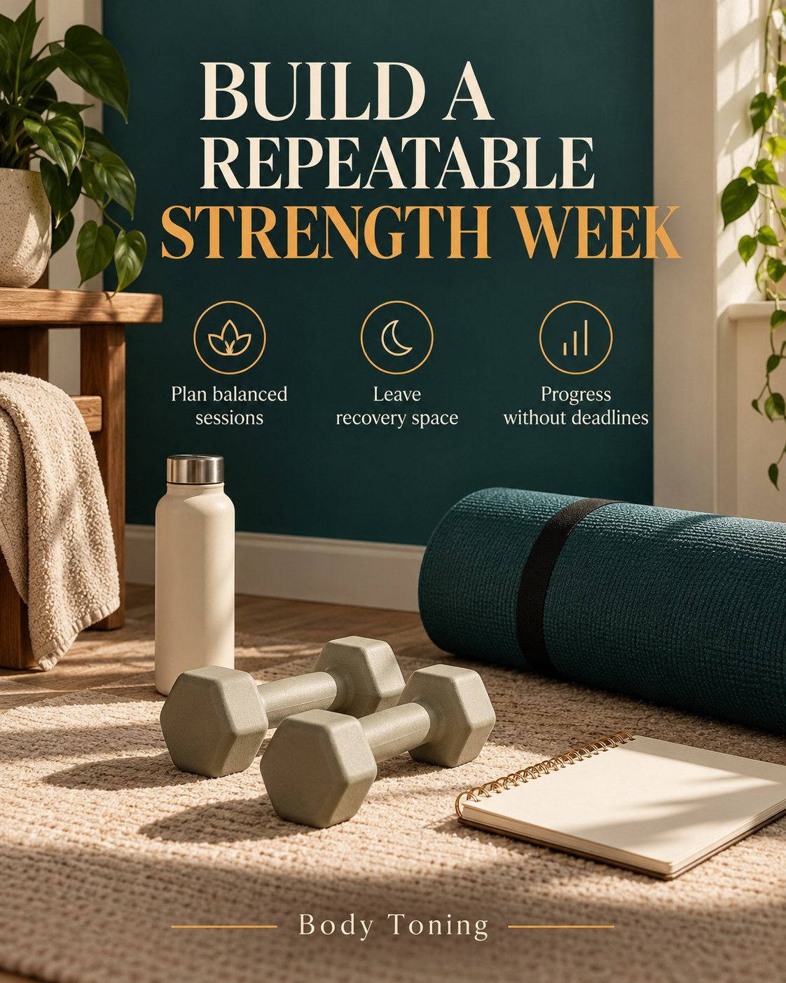 A home workout corner with dumbbells and a mat beside a simple strength and recovery planning checklist.