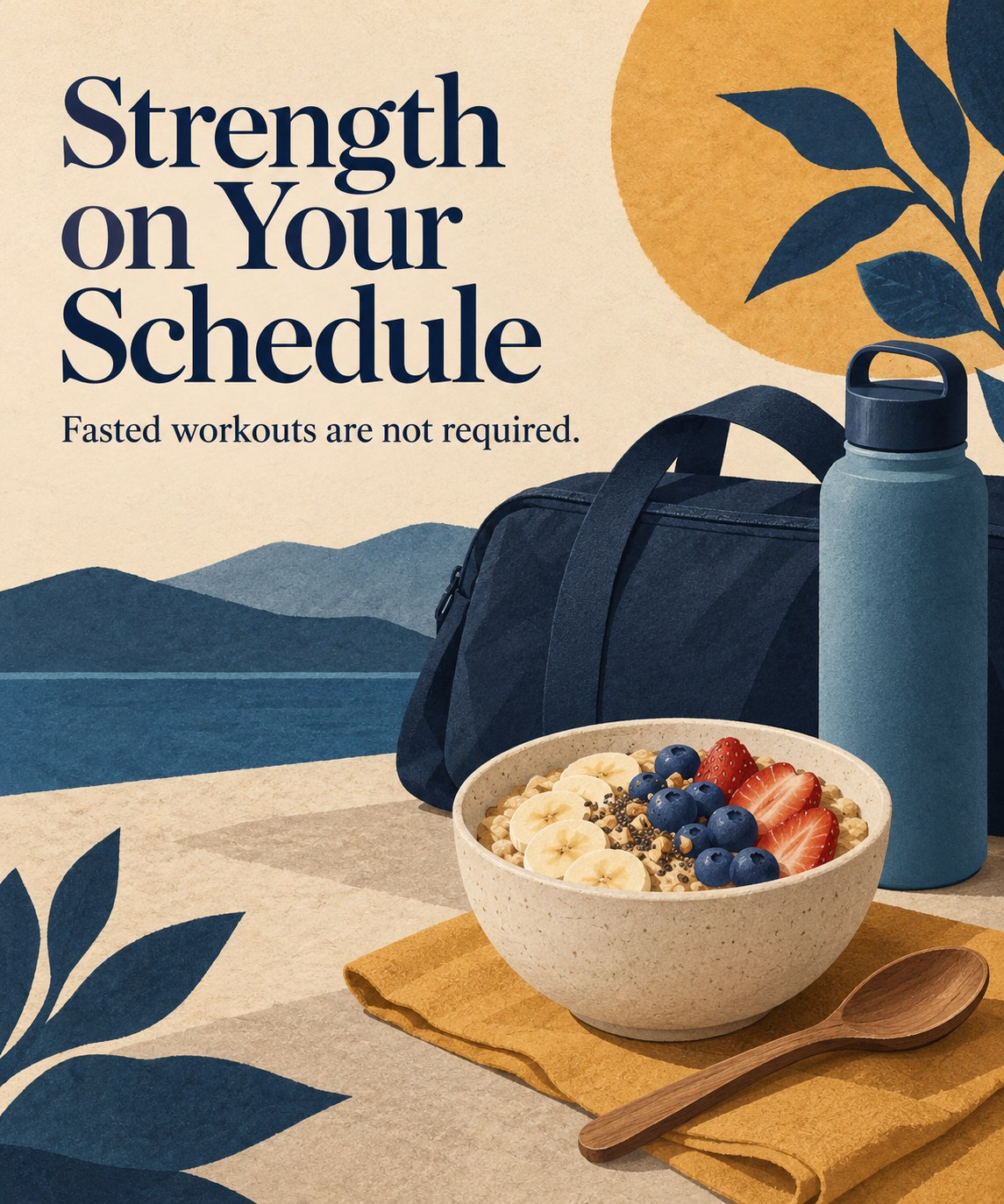 Illustrated gym bag beside breakfast with a headline about flexible strength timing.