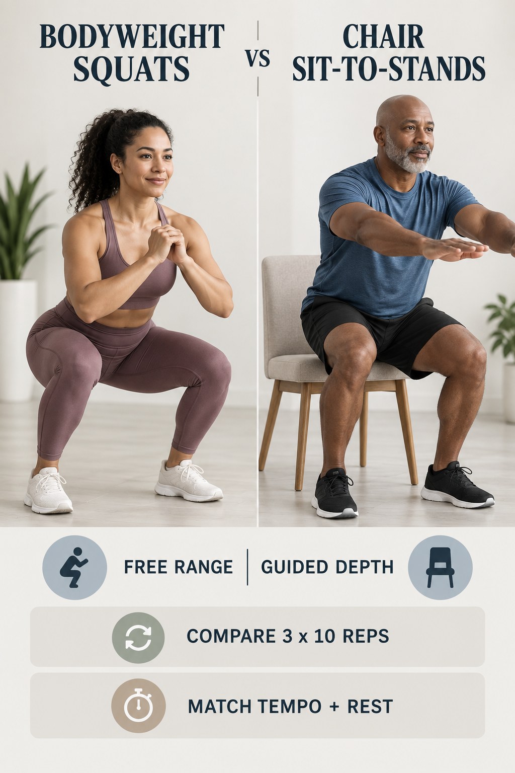 Adults demonstrating bodyweight squats and chair sit-to-stands with controlled home workout form.