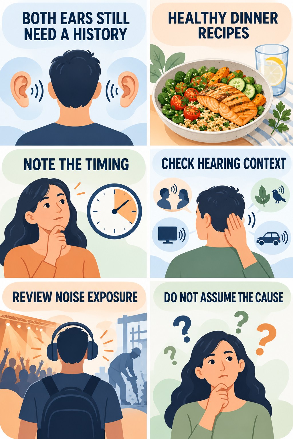 Both-Ear Tinnitus Evaluation infographic for Healthy Dinner Recipes with four concise evaluation-guidance points.