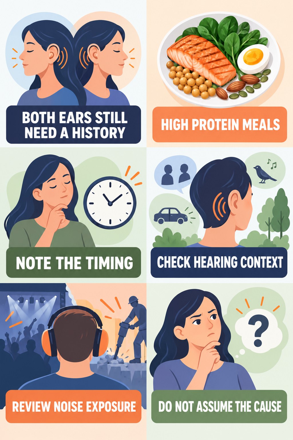 Both-Ear Tinnitus Evaluation infographic for High Protein Meals with four concise evaluation-guidance points.