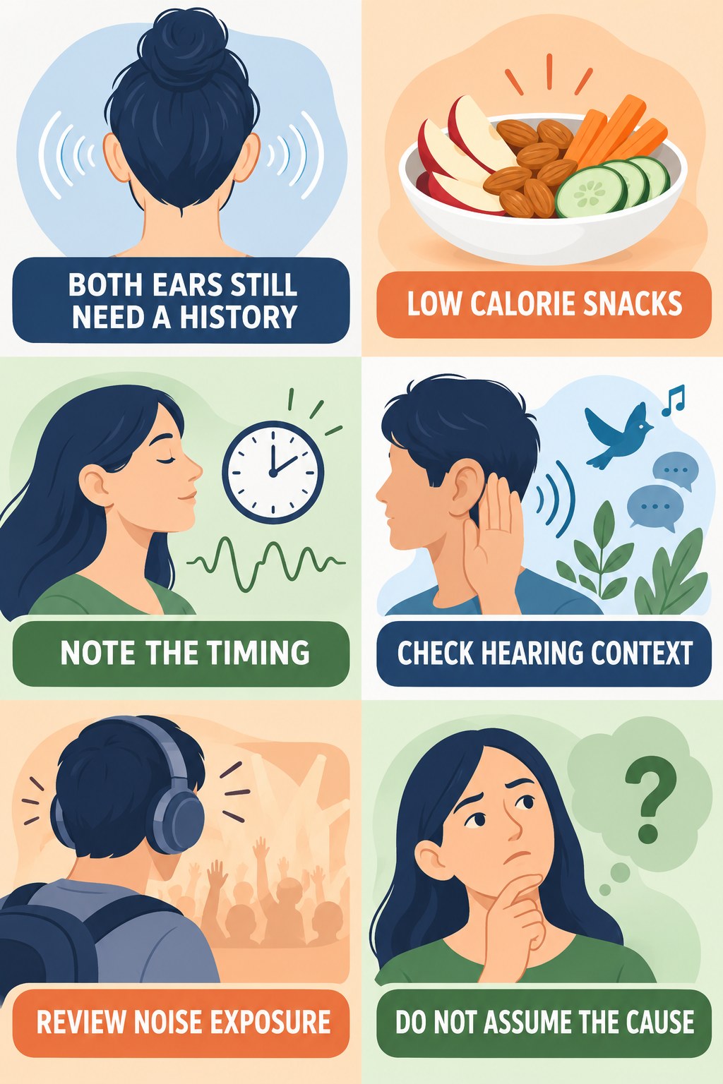 Both-Ear Tinnitus Evaluation infographic for Low Calorie Snacks with four concise evaluation-guidance points.