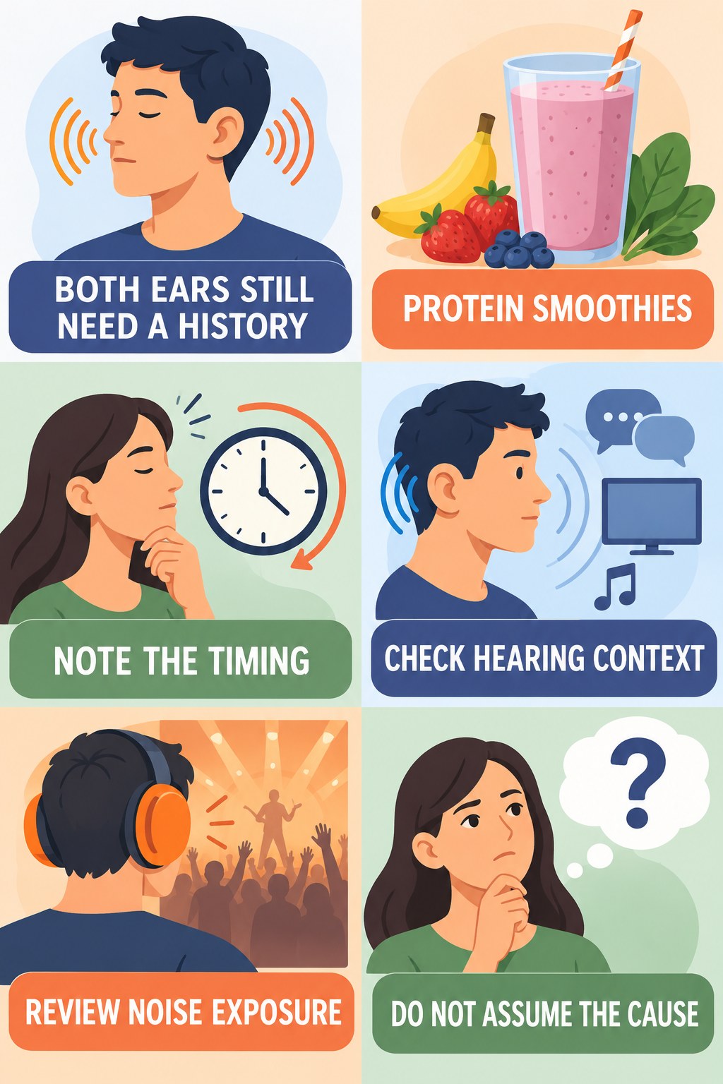 Both-Ear Tinnitus Evaluation infographic for Protein Smoothies with four concise evaluation-guidance points.