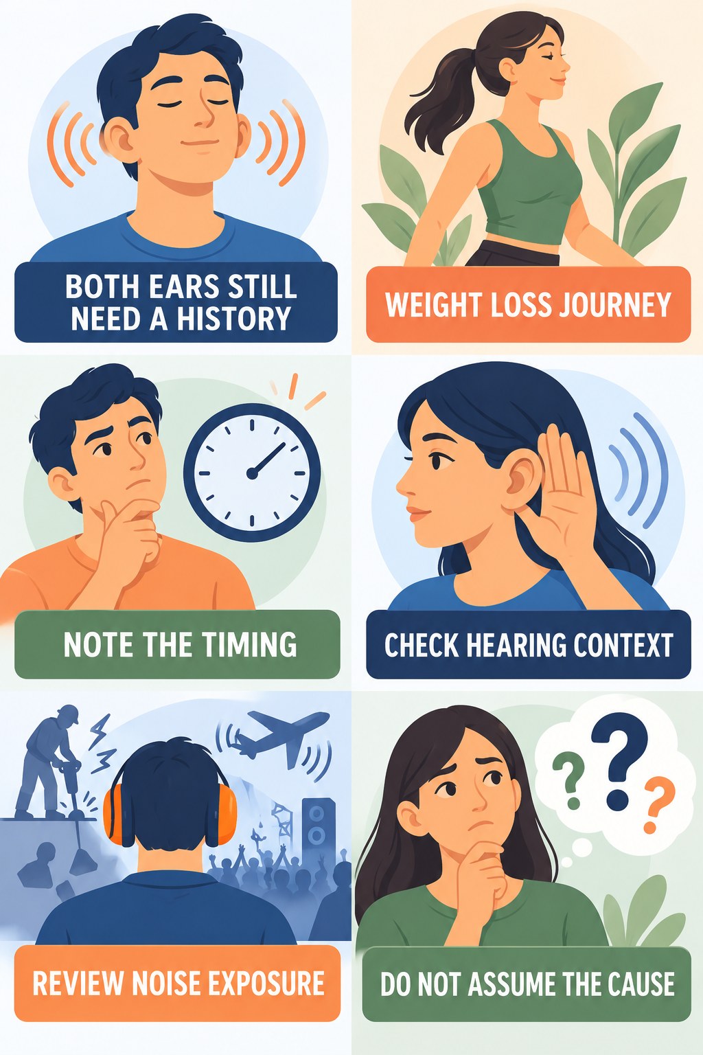 Both-Ear Tinnitus Evaluation infographic for Weight Loss Journey with four concise evaluation-guidance points.