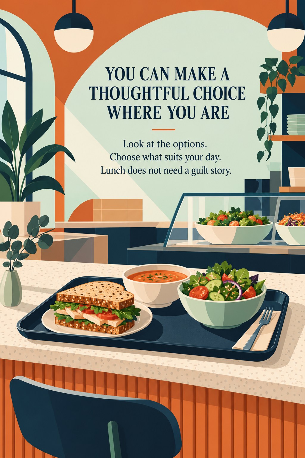 Illustrated cafe counter with a sandwich and salad tray beside encouragement to make a thoughtful lunch choice.