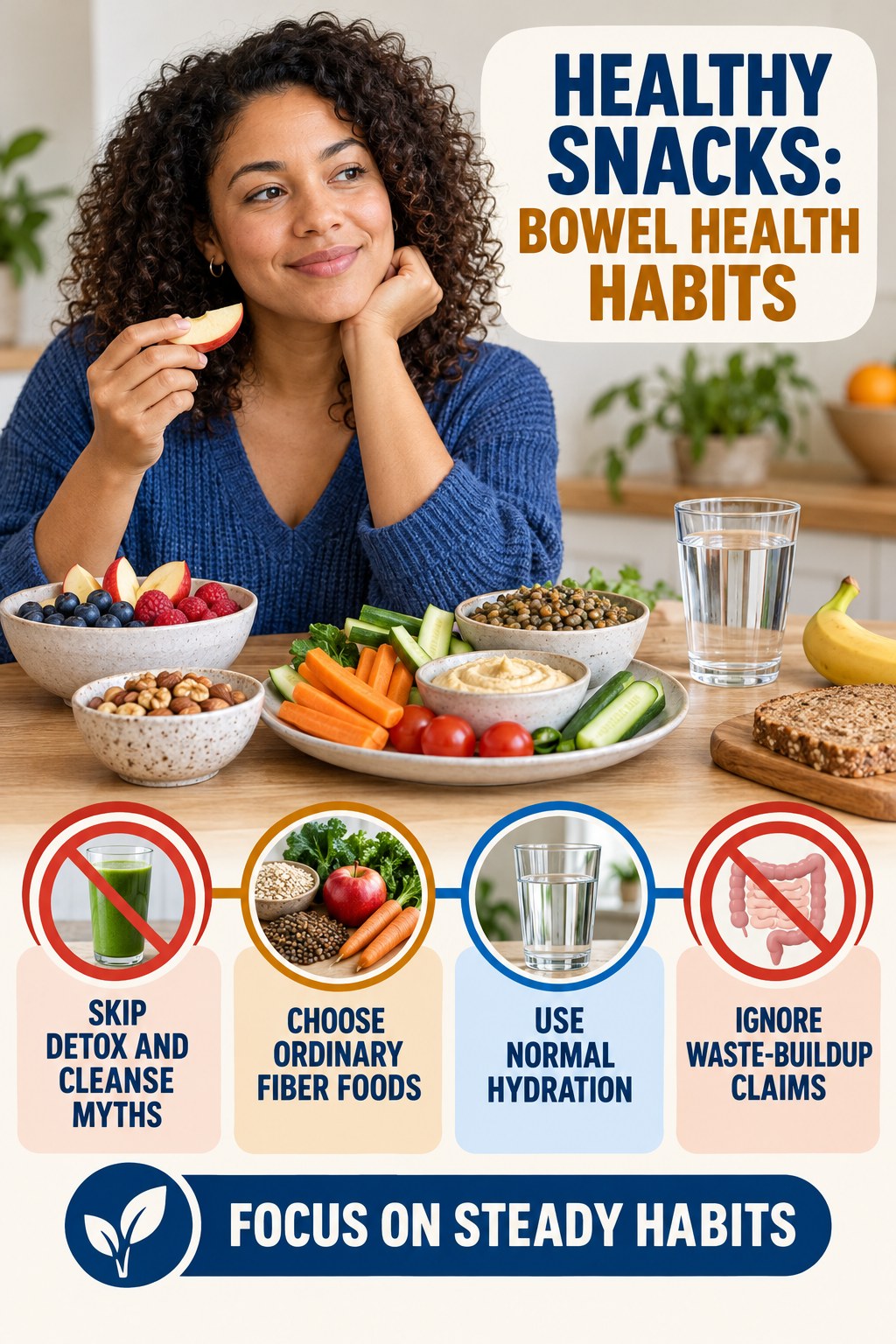 Skip Detox and Cleanse Myths infographic for Healthy Snacks, showing gradual food-first fiber, appropriate hydration, realistic bowel routines, and safe warning boundaries.