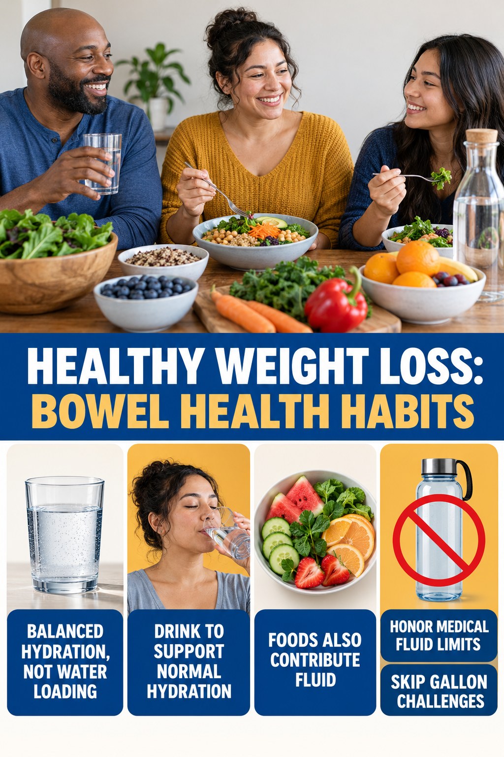 Balanced Hydration, Not Water Loading infographic for Healthy Weight Loss, showing gradual food-first fiber, appropriate hydration, realistic bowel routines, and safe warning boundaries.