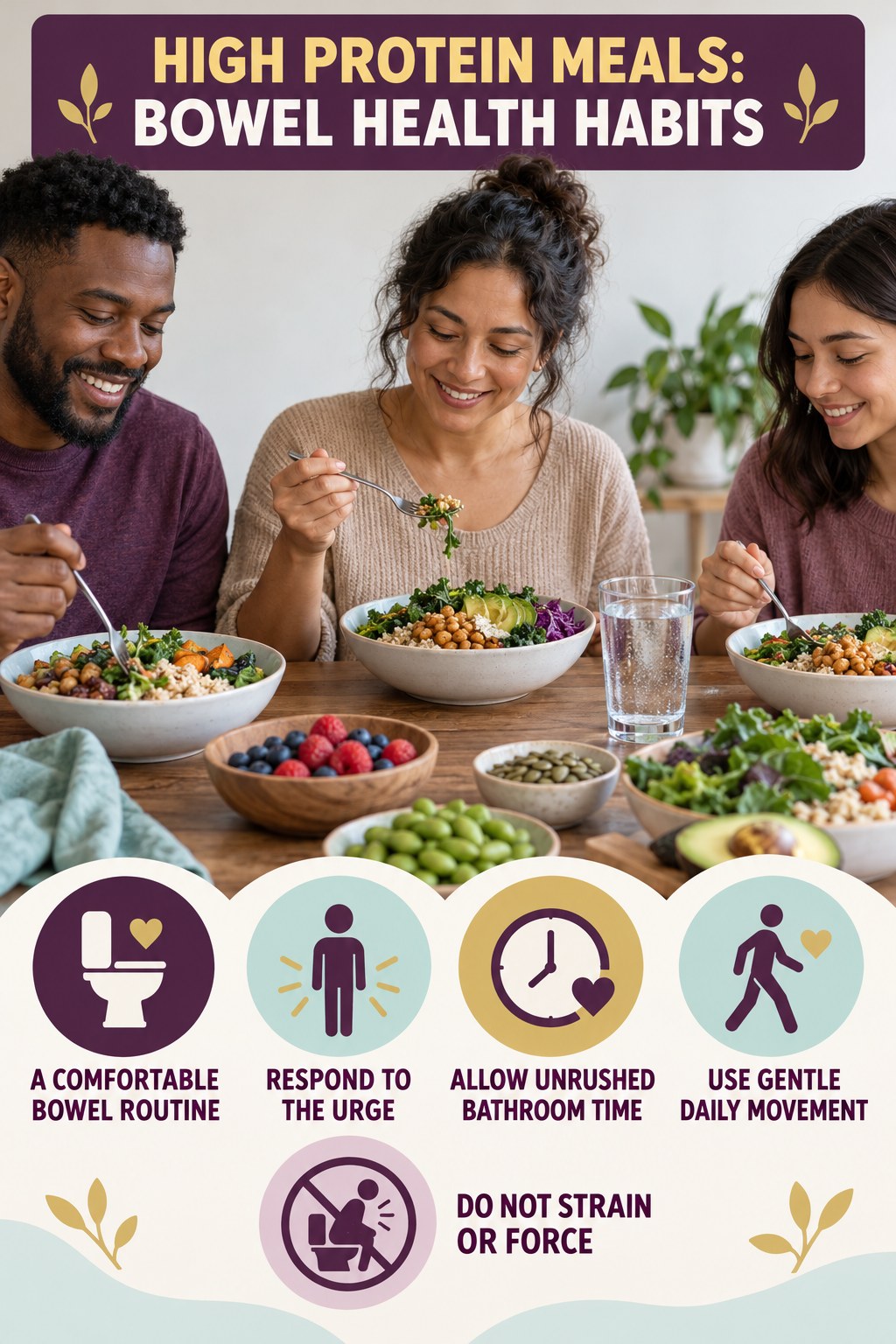 A Comfortable Bowel Routine infographic for High Protein Meals, showing gradual food-first fiber, appropriate hydration, realistic bowel routines, and safe warning boundaries.