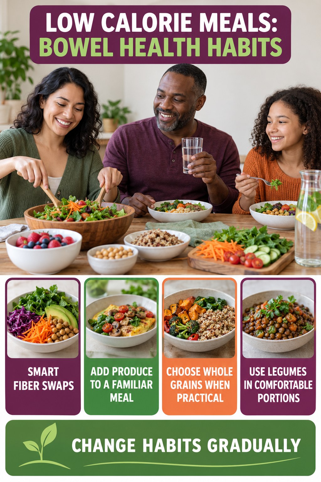 Smart Fiber Swaps infographic for Low Calorie Meals, showing gradual food-first fiber, appropriate hydration, realistic bowel routines, and safe warning boundaries.