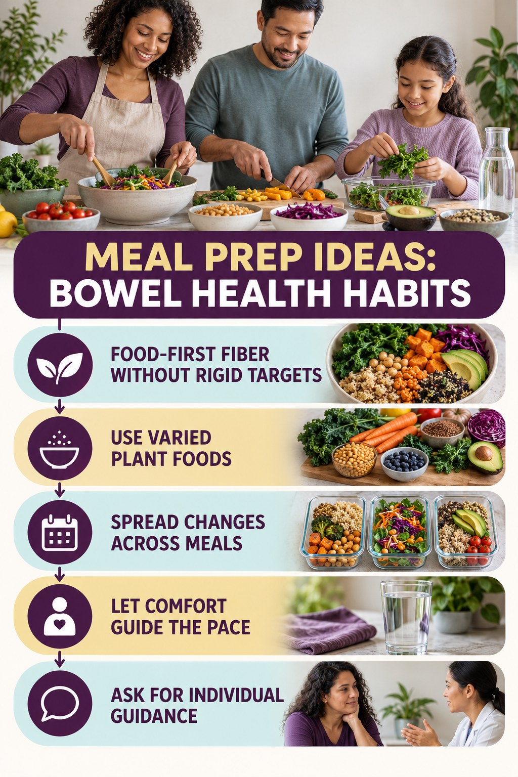 Food-First Fiber Without Rigid Targets infographic for Meal Prep Ideas, showing gradual food-first fiber, appropriate hydration, realistic bowel routines, and safe warning boundaries.