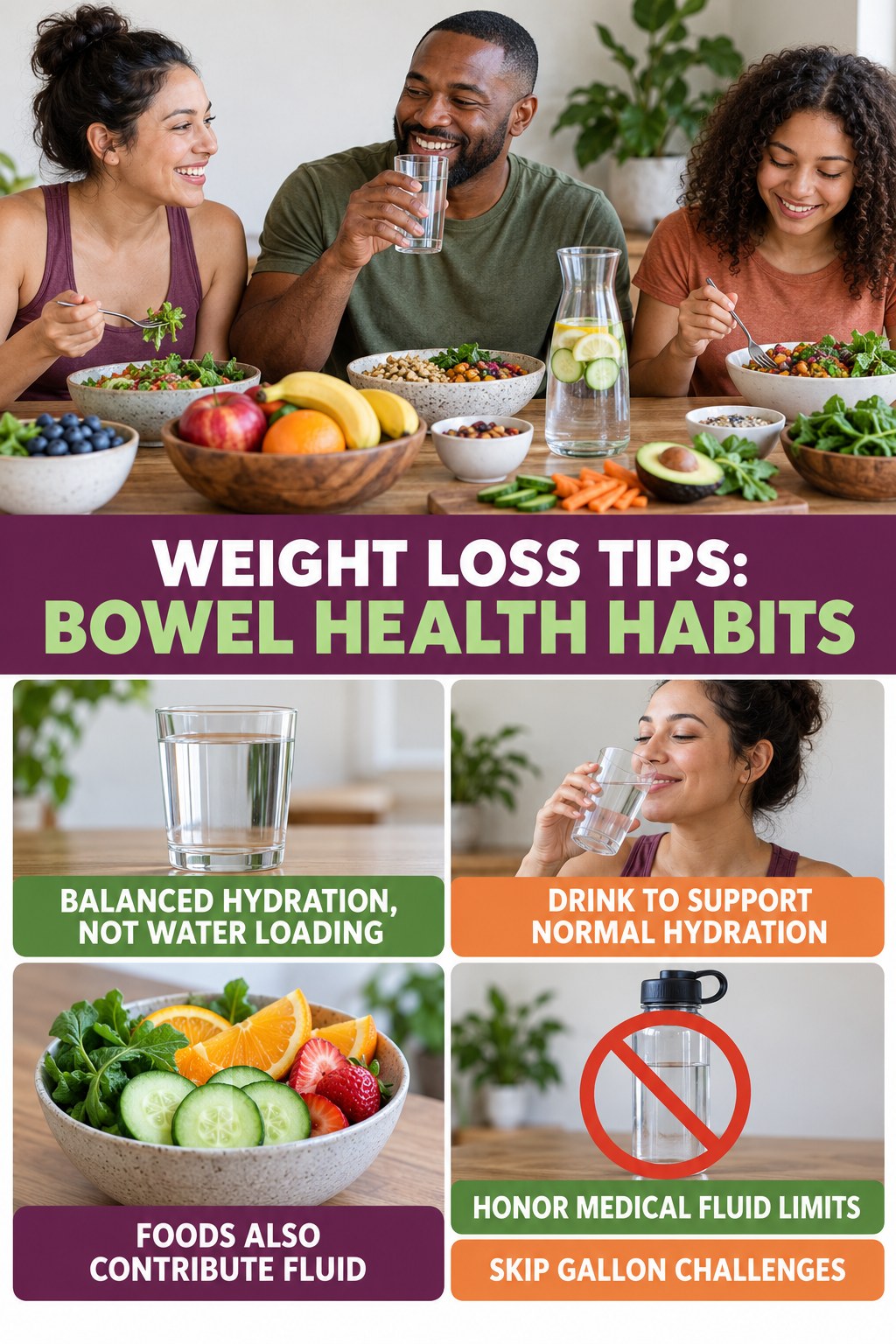 Balanced Hydration, Not Water Loading infographic for Weight Loss Tips, showing gradual food-first fiber, appropriate hydration, realistic bowel routines, and safe warning boundaries.