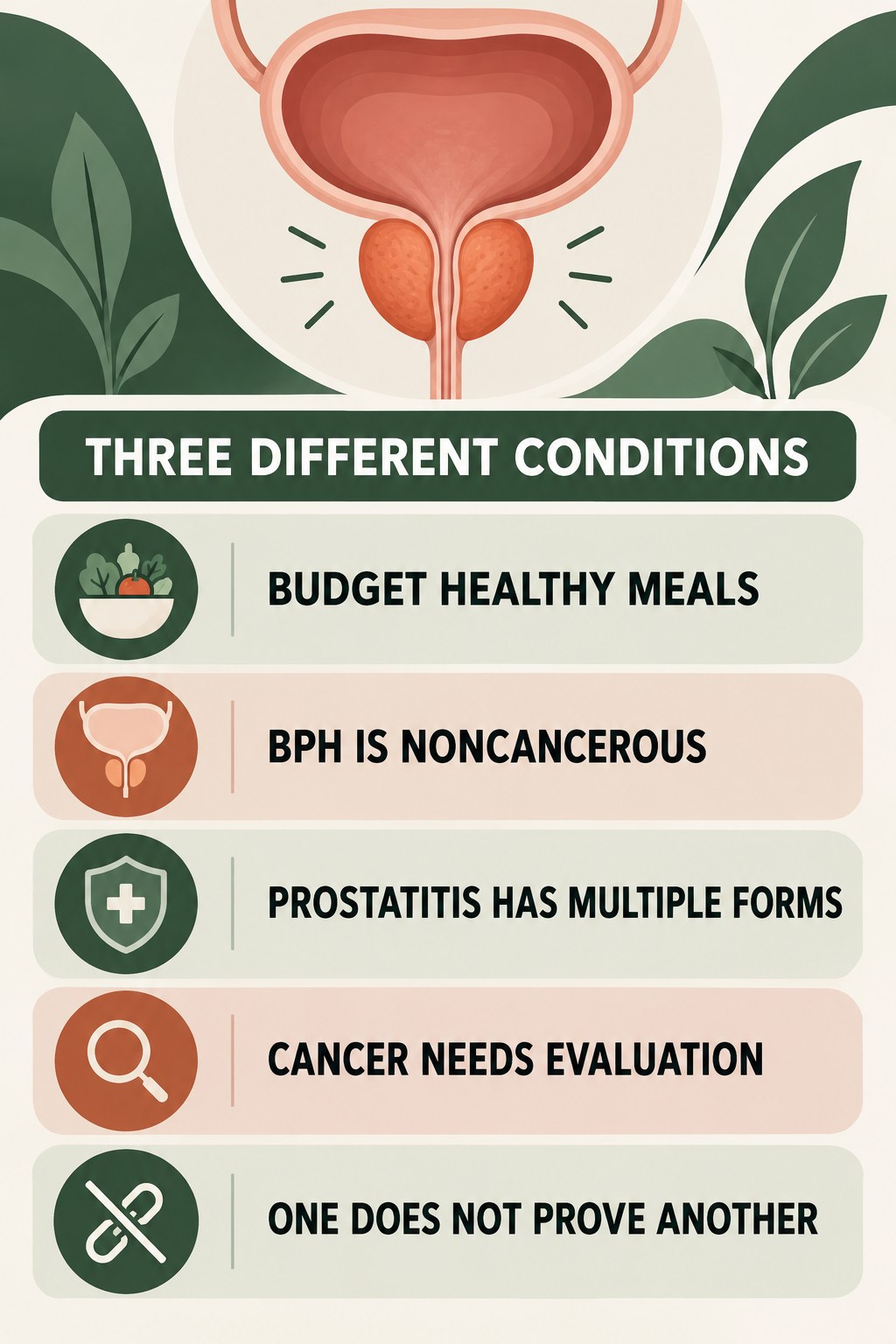BPH, Prostatitis, and Cancer Are Different infographic for Budget Healthy Meals with four concise prostate-health awareness points.