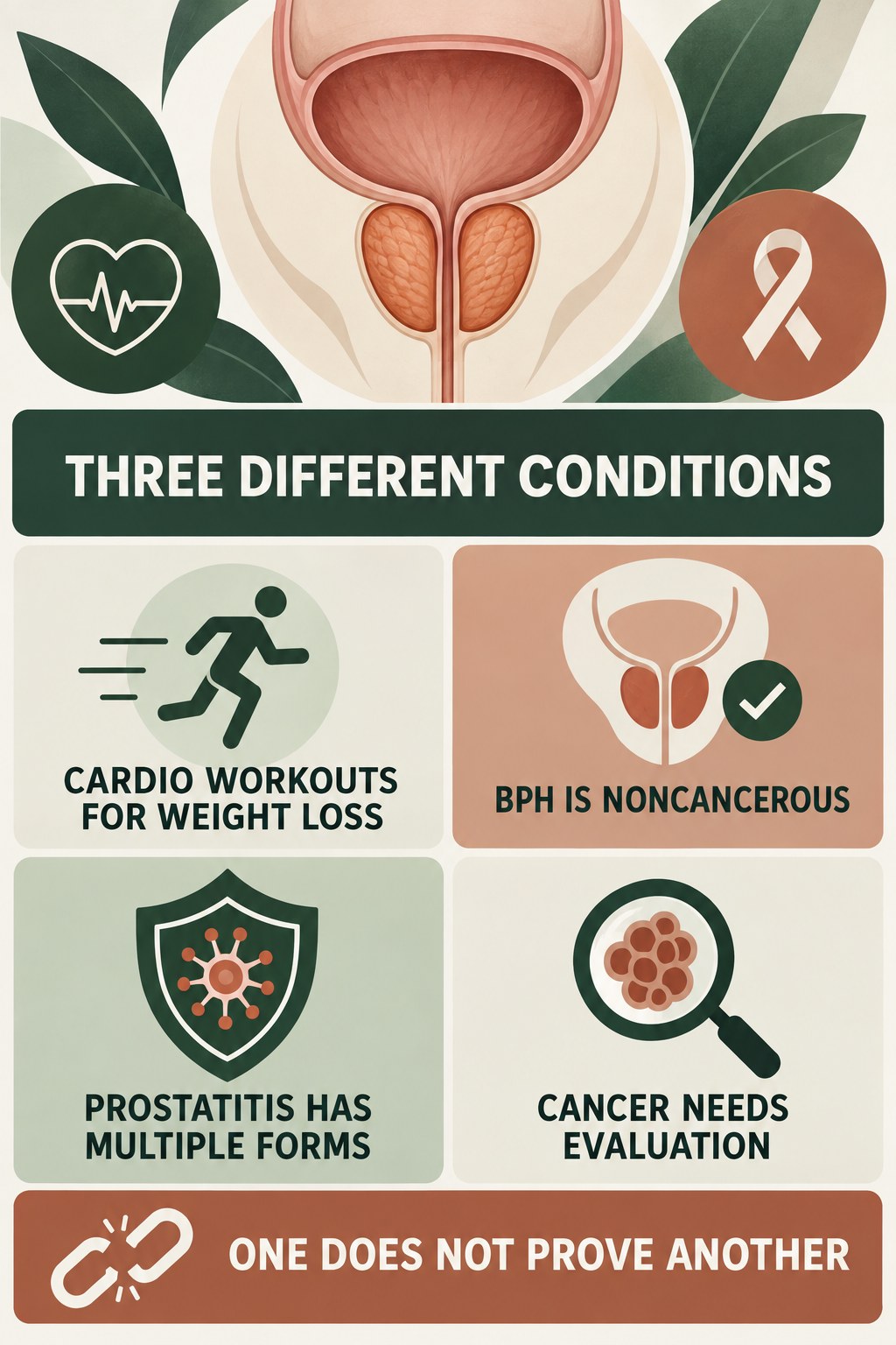 BPH, Prostatitis, and Cancer Are Different infographic for Cardio Workouts for Weight Loss with four concise prostate-health awareness points.