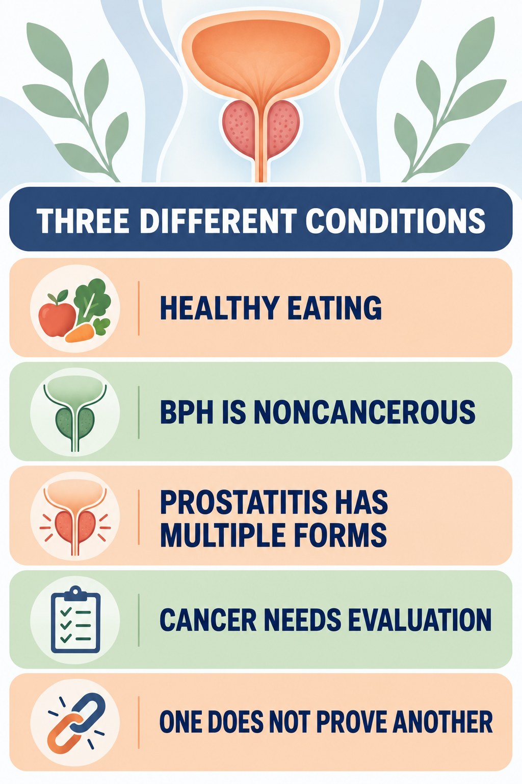 BPH, Prostatitis, and Cancer Are Different infographic for Healthy Eating with four concise prostate-health awareness points.